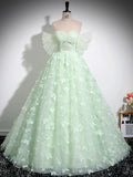 Green Sweetheart Flower Tulle Lace A Line Prom Dress