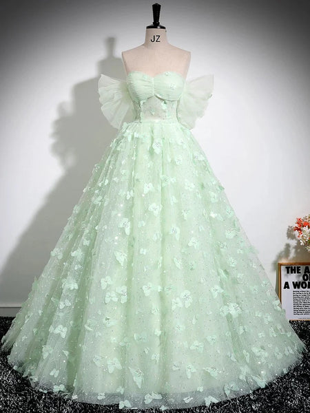 Green Sweetheart Flower Tulle Lace A Line Prom Dress