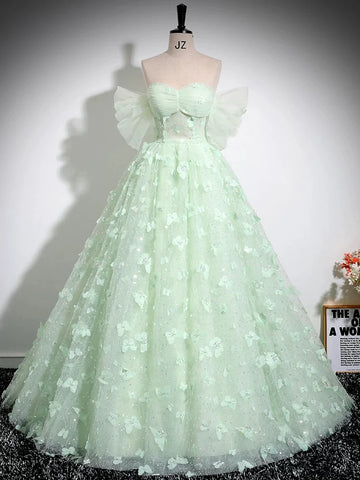 Green Sweetheart Flower Tulle Lace A Line Prom Dress