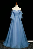 Bow A-Line Blue Tulle Sparkle Prom Dress