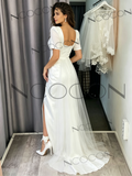 hort Sleeve A Line Satin Tulle Wedding Dress With Slit
