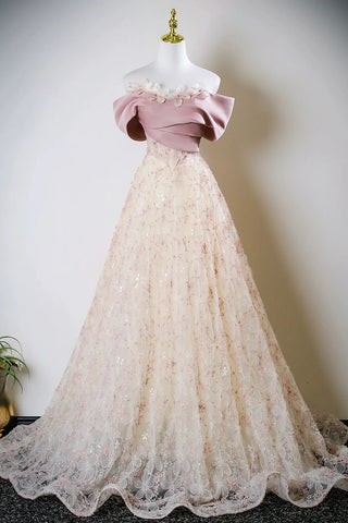 Blushing Pink Beaded Appliques Off the Shoulder Prom Dress