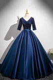 Navy Satin Sequins V Neck Half Sleeve Prom Dress