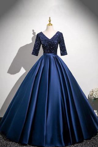 Navy Satin Sequins V Neck Half Sleeve Prom Dress