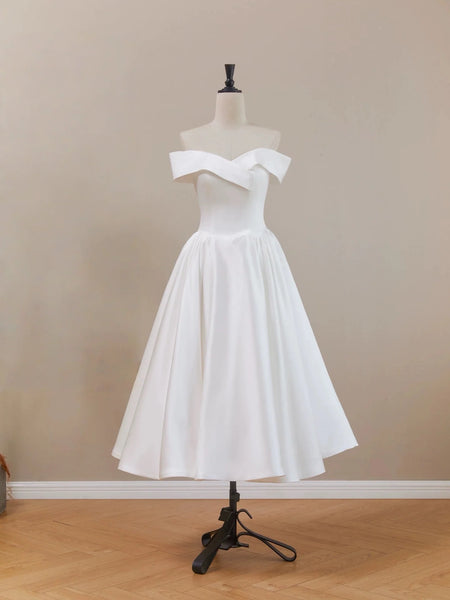 Tea Length White Satin A Line Off Shoulder Prom Dress