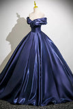 Navy Blue Satin A Line Off the Shoulder Prom Dress