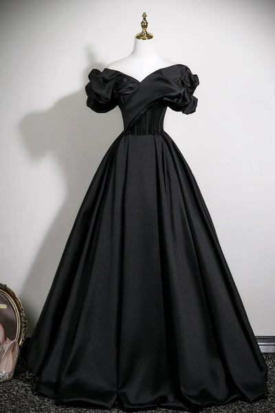 Black Off the Shoulder A Line Satin Prom Dress