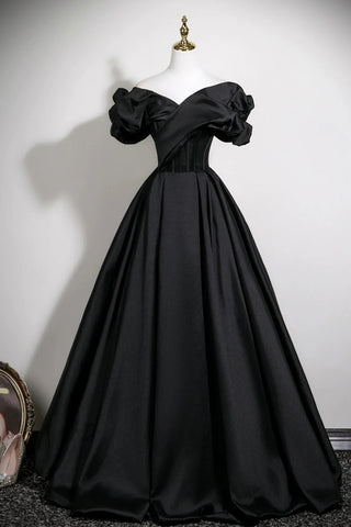 Black Off the Shoulder A Line Satin Prom Dress