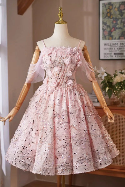 Pink Tulle Sequins Short Floral Homecoming Dress