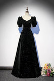 V Neck A Line Black Velvet Sequin Prom Dress