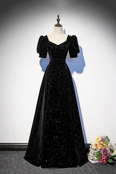 V Neck A Line Black Velvet Sequin Prom Dress