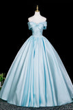 Blue A Line Backless Satin Off The Shoulder Prom Dress
