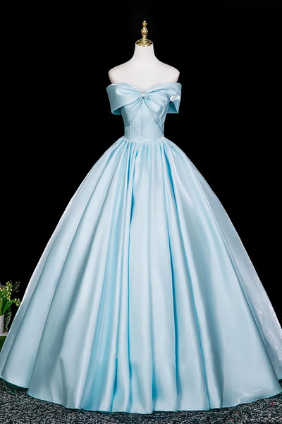 Blue A Line Backless Satin Off The Shoulder Prom Dress
