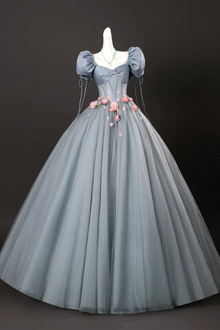 Gray Tulle Flowers A Line Short Sleeve Corset Prom Dress
