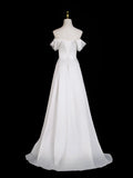 A Line Off Shoulder Satin White Ruched Prom Dress