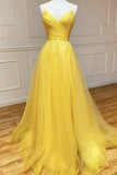 A Line Ruched Sweetheart Yellow Tulle Prom Dress