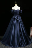 Navy Blue Satin Off Shoulder Ball Gown Bow Prom Dress
