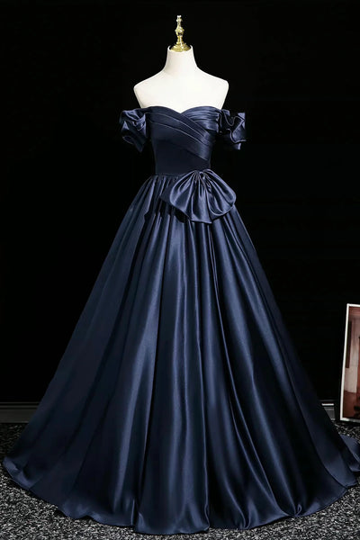 Navy Blue Satin Off Shoulder Ball Gown Bow Prom Dress