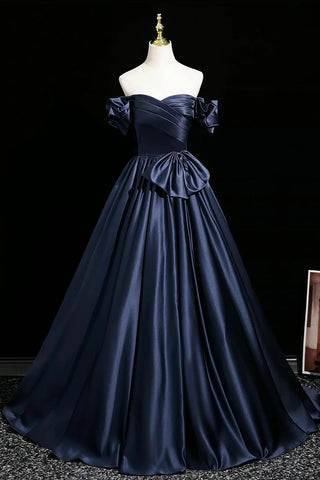 Navy Blue Satin Off Shoulder Ball Gown Bow Prom Dress