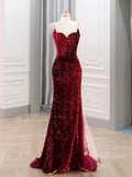 Mermaid Sequin Burgundy Spaghetti Straps Backless Prom Dress