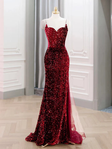 Mermaid Sequin Burgundy Spaghetti Straps Backless Prom Dress