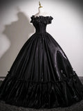 Satin Black Tulle A Line Off Shoulder Prom Dress
