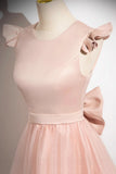 Pink Satin Tulle Ruffles Scoop A Line Prom Dress