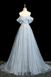 A Line Blue Tulle Flowers Off The Shoulder Prom Dress