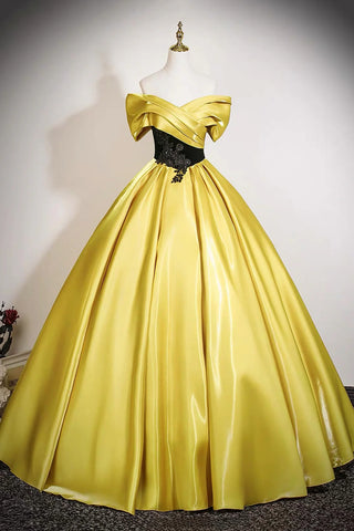 Yellow Satin Black Lace A Line Off the Shoulder Prom Dress
