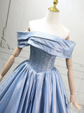 A-line Off Shoulder Satin Blue Ruched Prom Dress