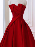 A-Line Satin Burgundy Ruched Strapless Prom Dress