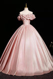 Pink Satin A Line Ruffles Off The Shoulder Prom Dress