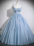 Off The Shoulder Satin Blue Corset A Line Prom Dress