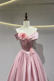 Pink Tulle A Line Off the Shoulder Flower Prom Dress