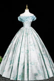 Floral Print Blue Pearl Printing Off The Shoulder Prom Dress