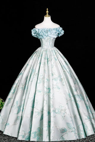 Floral Print Blue Pearl Printing Off The Shoulder Prom Dress