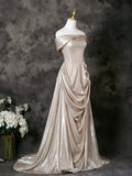 A-Line Off Shoulder Champagne Satin Prom Dress