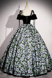 Black Velvet Floral Pattern A Line Prom Dress