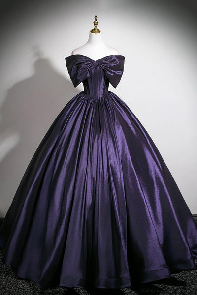 Purple Satin Off the Shoulder A Line Prom Dress