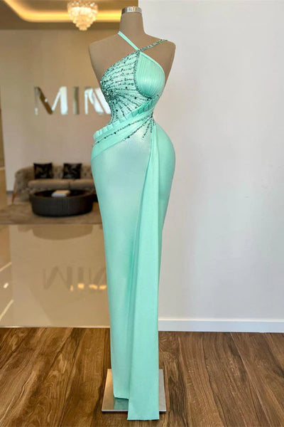 Beading Mint Green One Shoulder Satin Prom Dress