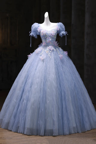 Short Sleeve Blue Tulle Sequins Flower Prom Dress