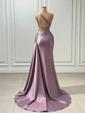Dusty Lavender Appliques One Shoulder Satin Mermaid Prom Dress