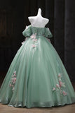 Green Tulle Flower Off The Shoulder A Line Prom Dress
