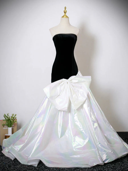 Mermaid White & Black Velvet Strapless Prom Dres