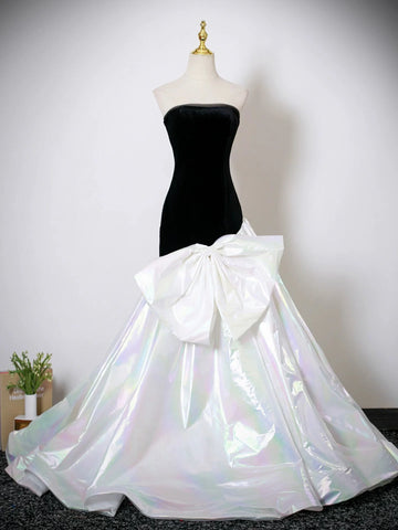 Mermaid White & Black Velvet Strapless Prom Dres