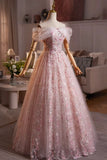 Pink Flower Tulle Off the Shoulder Prom Dress