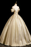 Elegant Gold Off the Shoulder Ball Gown Beading Prom Dress