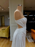 Ruched Silver Sequin Strapless Mermaid Prom Dress With Slit