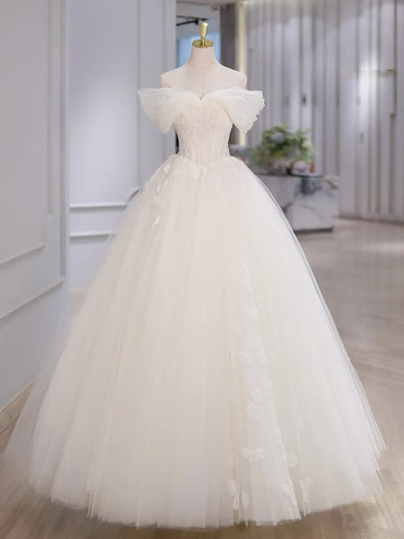 Off Shoulder Tulle Lace White Appliques A Line Prom Dress