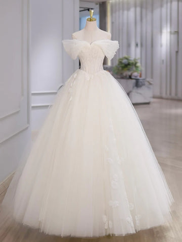 Off Shoulder Tulle Lace White Appliques A Line Prom Dress